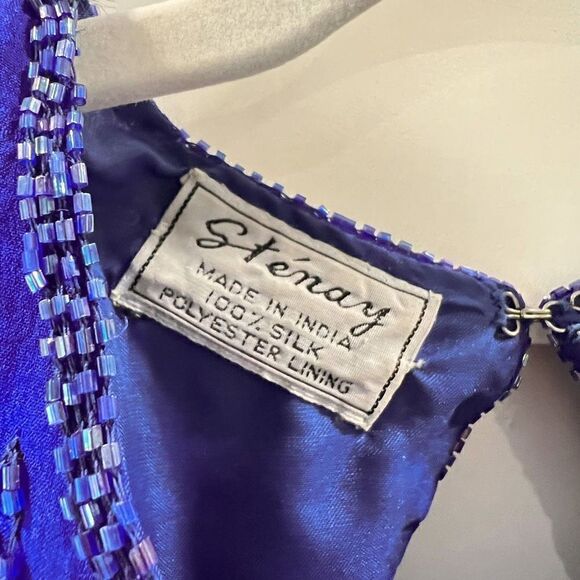 VTG Stenay Women 4 100% Pure Silk Royal Blue Beaded Fringe Elegant Flapper Dress - Picture 9 of 15